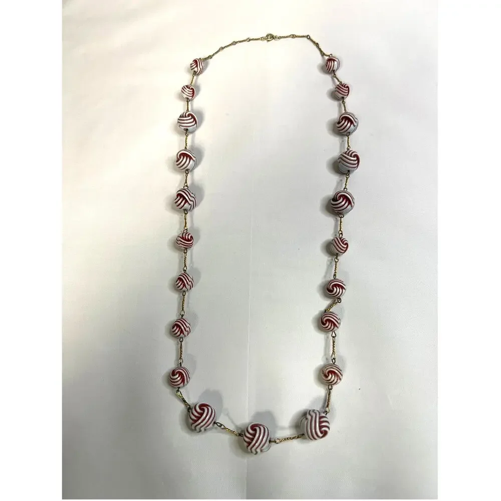 VTG Red and White Bulb Bead Necklace with Gold Tone Accent - Picture 2 of 4